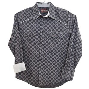 Rock & Roll Cowboy Shirt Mens Large Blue Print Western Pearl Snap Long Sleeve